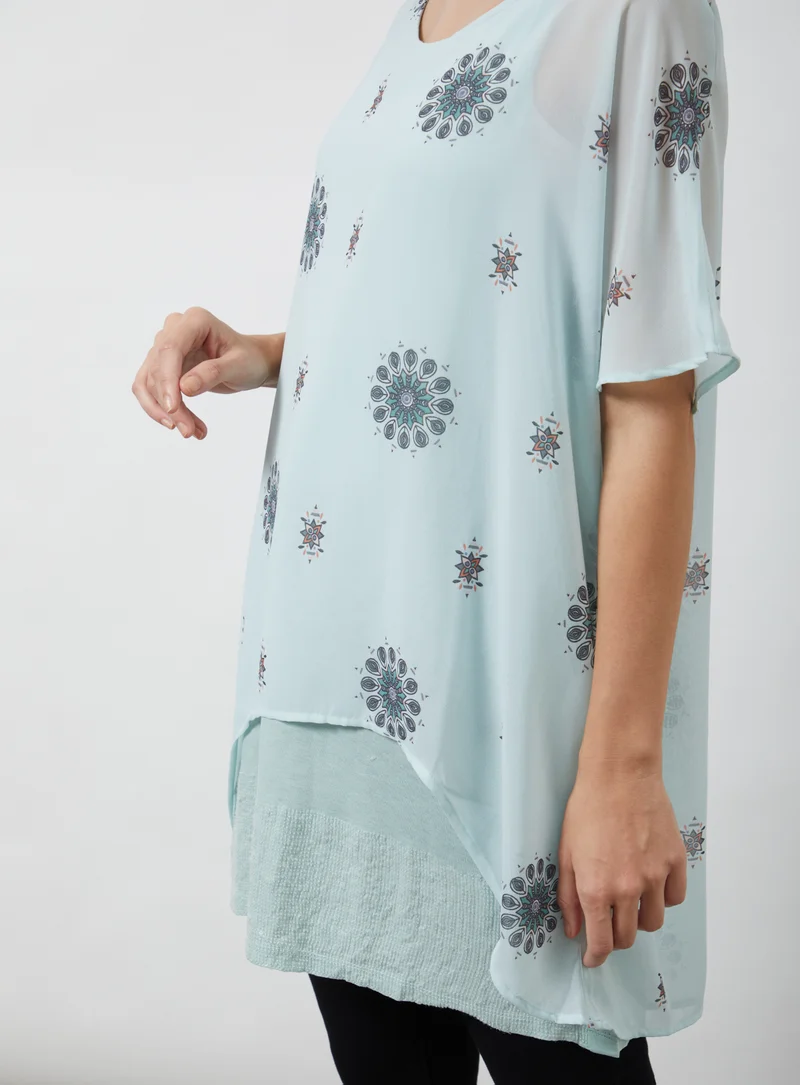 Aila Printed Round Neck Blouse Top Light Green/Black