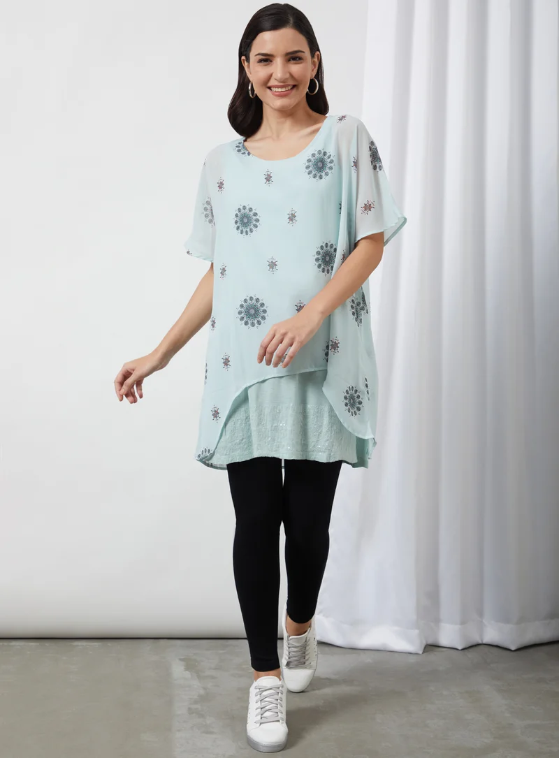 Aila Printed Round Neck Blouse Top Light Green/Black