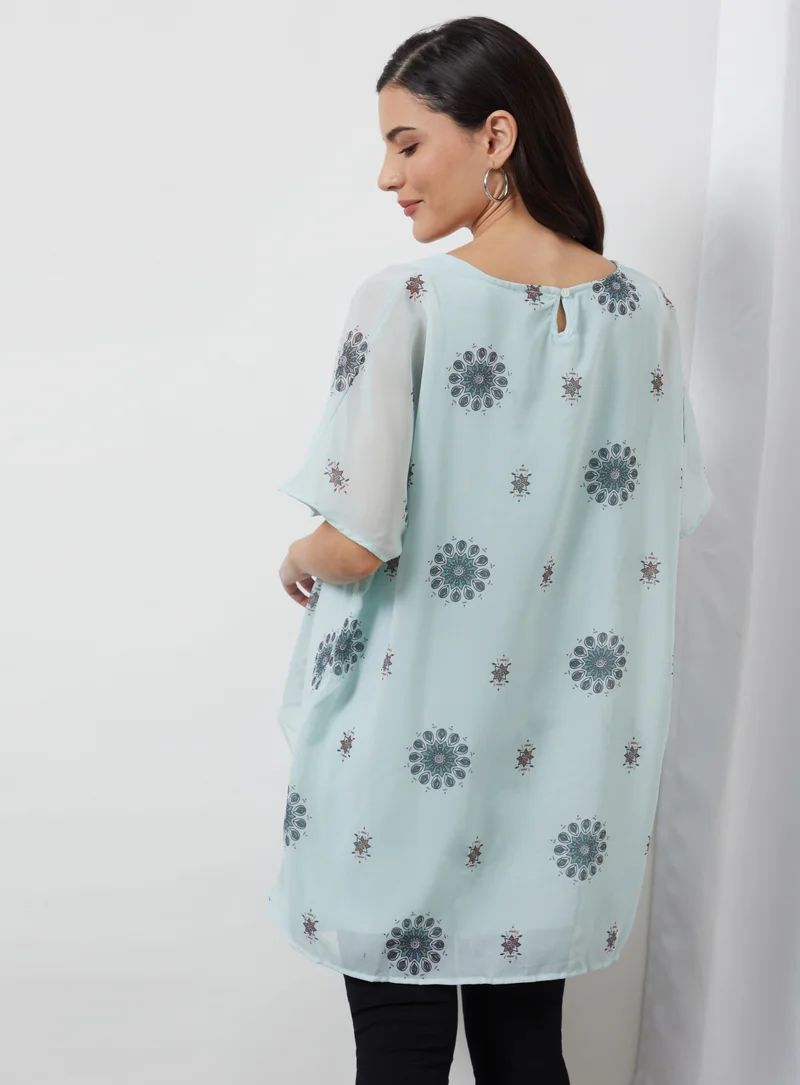 Aila Printed Round Neck Blouse Top Light Green/Black