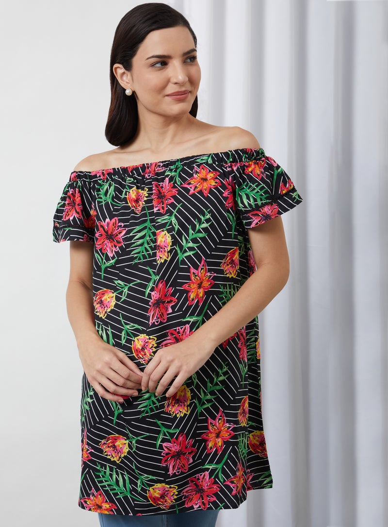 Aila Floral Boat Neck Dress Black Aop  - Image 1