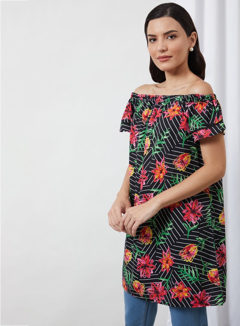 Aila Floral Boat Neck Dress Black Aop  - Image 2