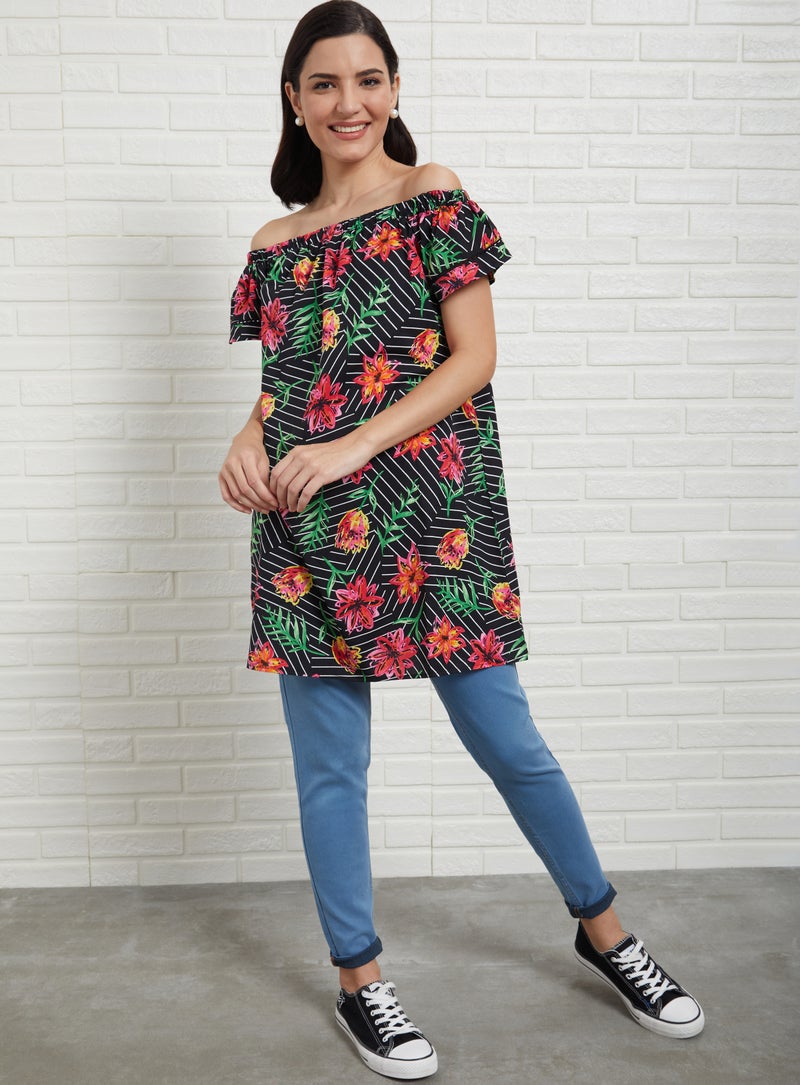 Aila Floral Boat Neck Dress Black Aop  - Image 3