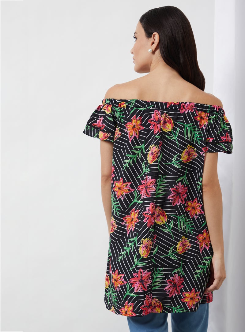 Aila Floral Boat Neck Dress Black Aop  - Image 4
