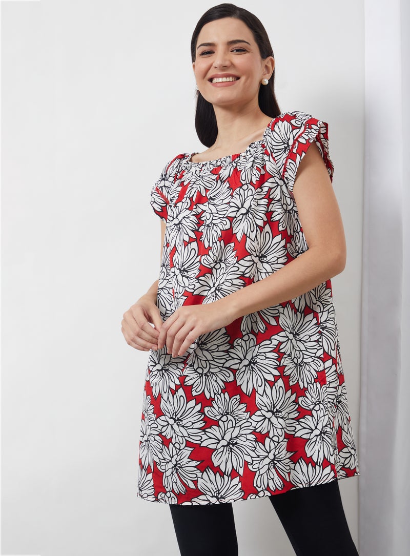 Aila Floral Boat Neck Dress Red Aop  - Image 1