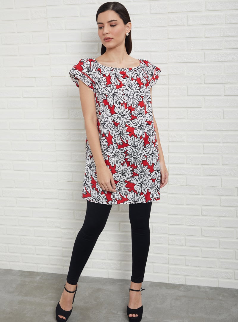 Aila Floral Boat Neck Dress Red Aop  - Image 4
