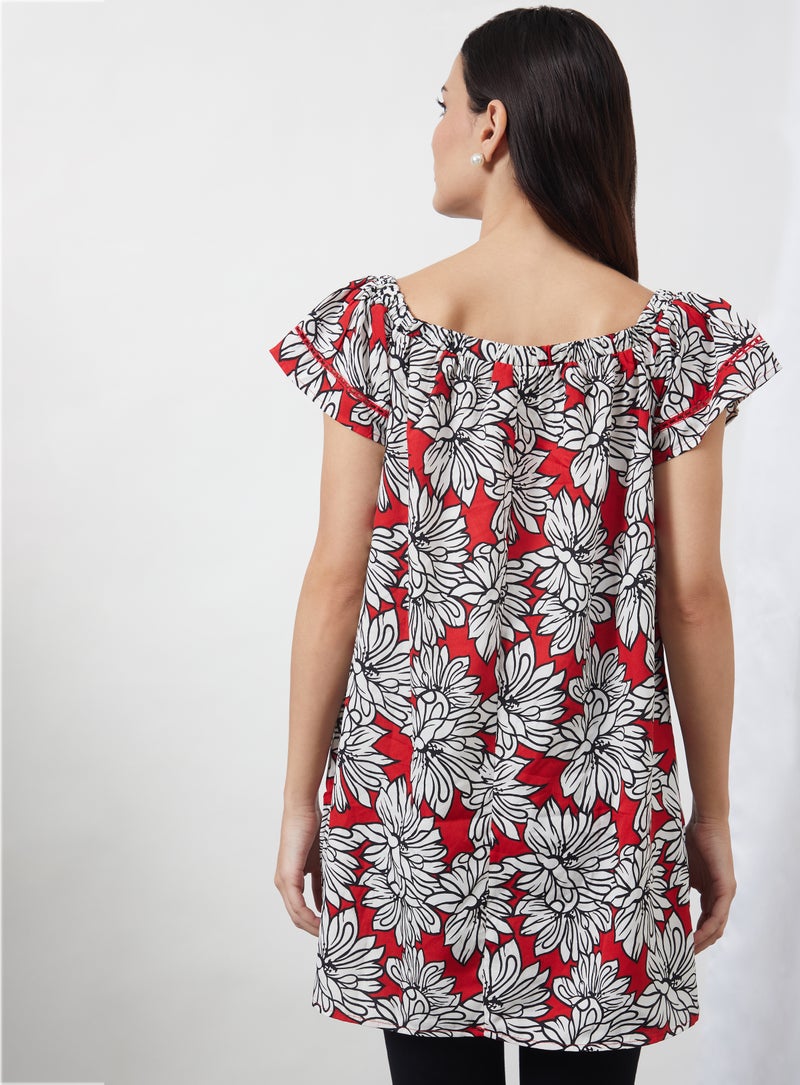 Aila Floral Boat Neck Dress Red Aop  - Image 2