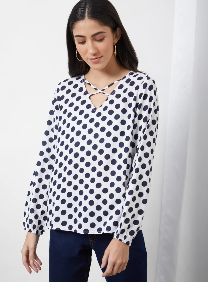 Aila Polka Dot Printed V-Neck Top