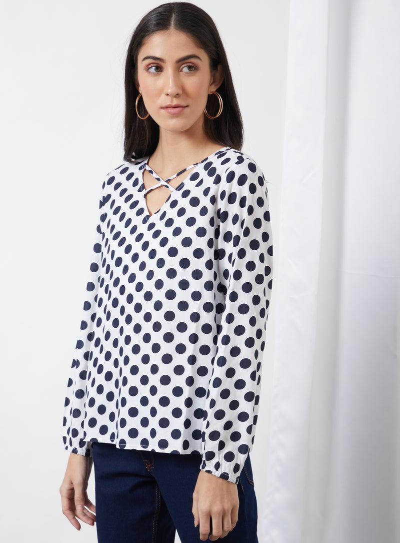 Aila - Polka Dot Printed V-Neck Top White Dot Print - Image 1