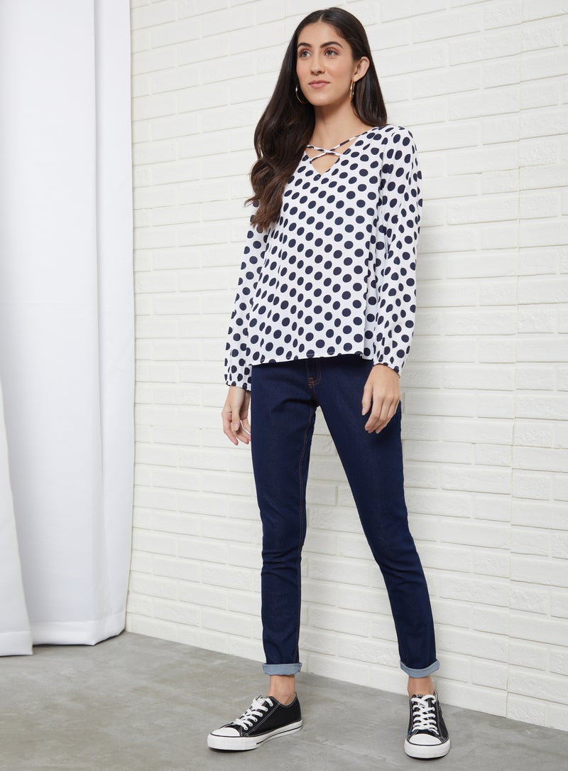Aila - Polka Dot Printed V-Neck Top White Dot Print - Image 1