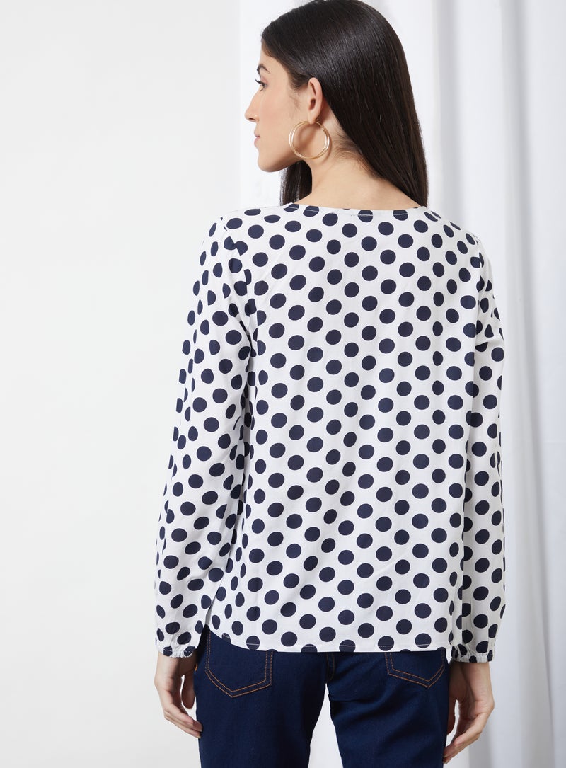 Aila - Polka Dot Printed V-Neck Top White Dot Print - Image 1