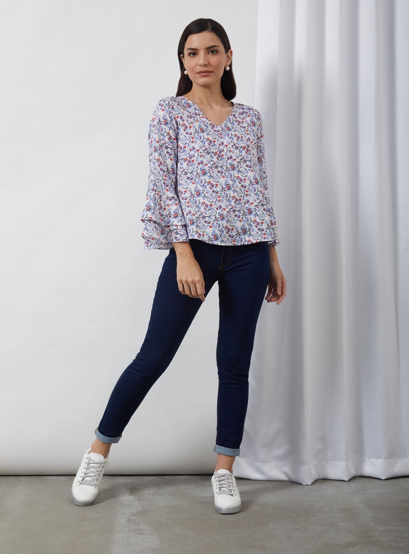 Aila Floral Printed Woven Blouse Top White/Blue/Red  - Image 5
