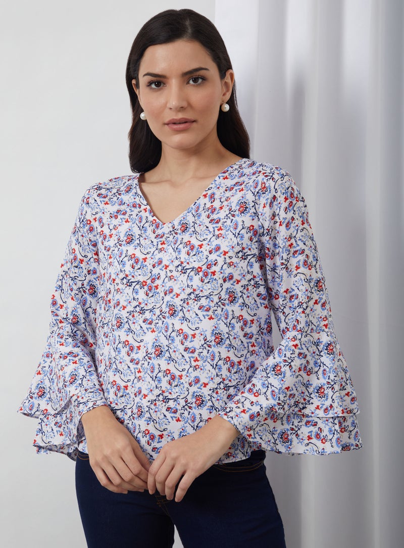 Aila Floral Printed Woven Blouse Top White/Blue/Red  - Image 1