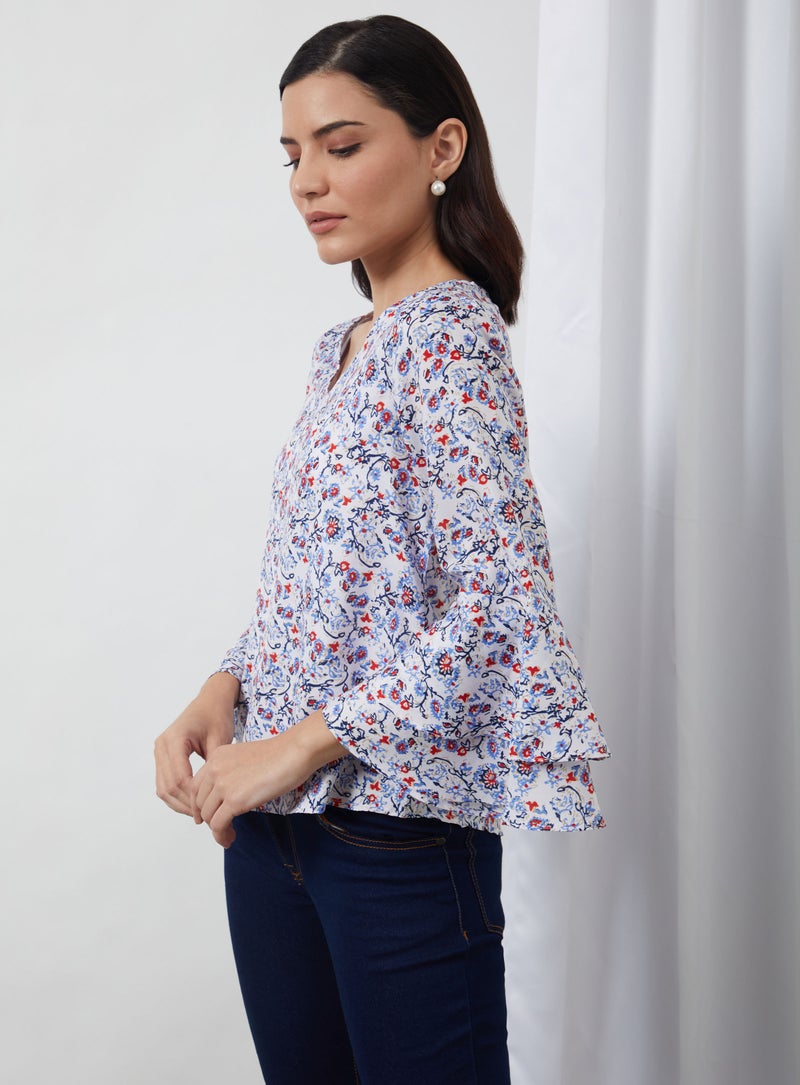 Aila Floral Printed Woven Blouse Top White/Blue/Red  - Image 3