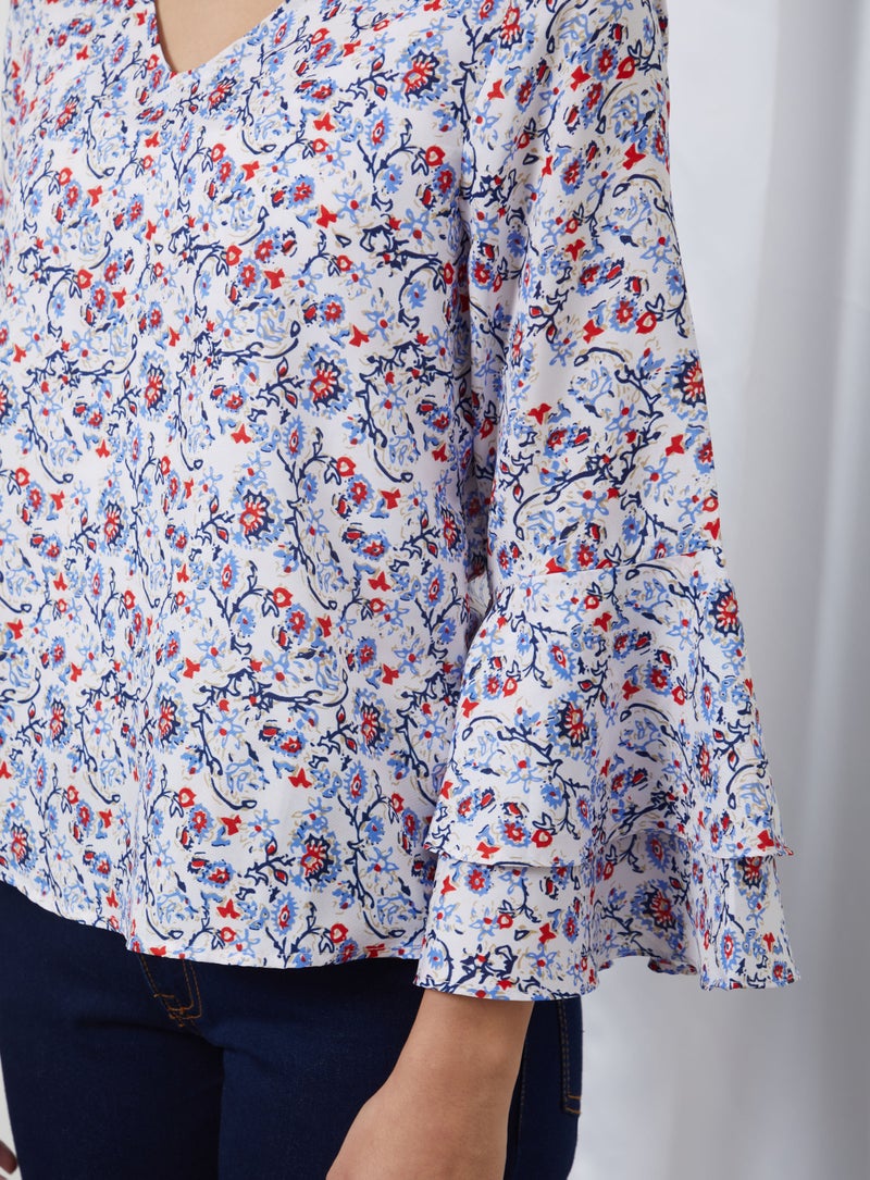 Aila Floral Printed Woven Blouse Top White/Blue/Red  - Image 4
