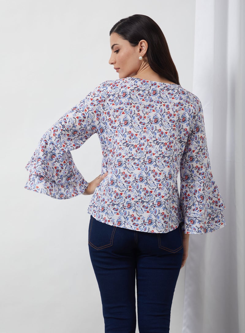 Aila Floral Printed Woven Blouse Top White/Blue/Red  - Image 2