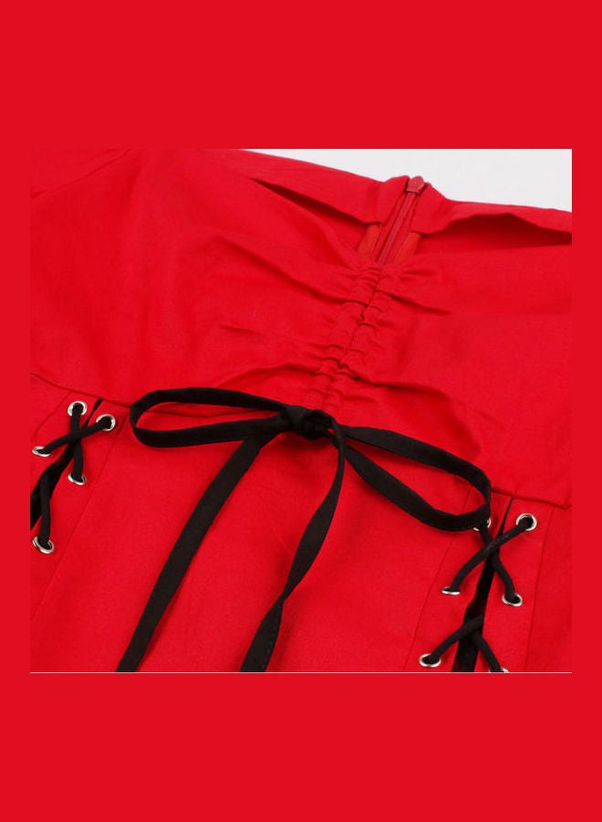 أوتاد فستان أنيق بأكتاف مكشوفة مزود برباط أحمر وأسود - Image 5