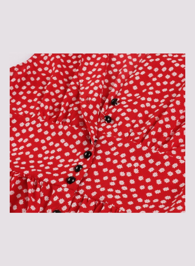 OUTAD Printed Elegant Midi Dress Red - Image 4