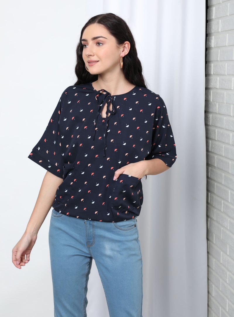 Aila Round Neck Polka Dot Pattern Blouse Top Blue  - Image 1