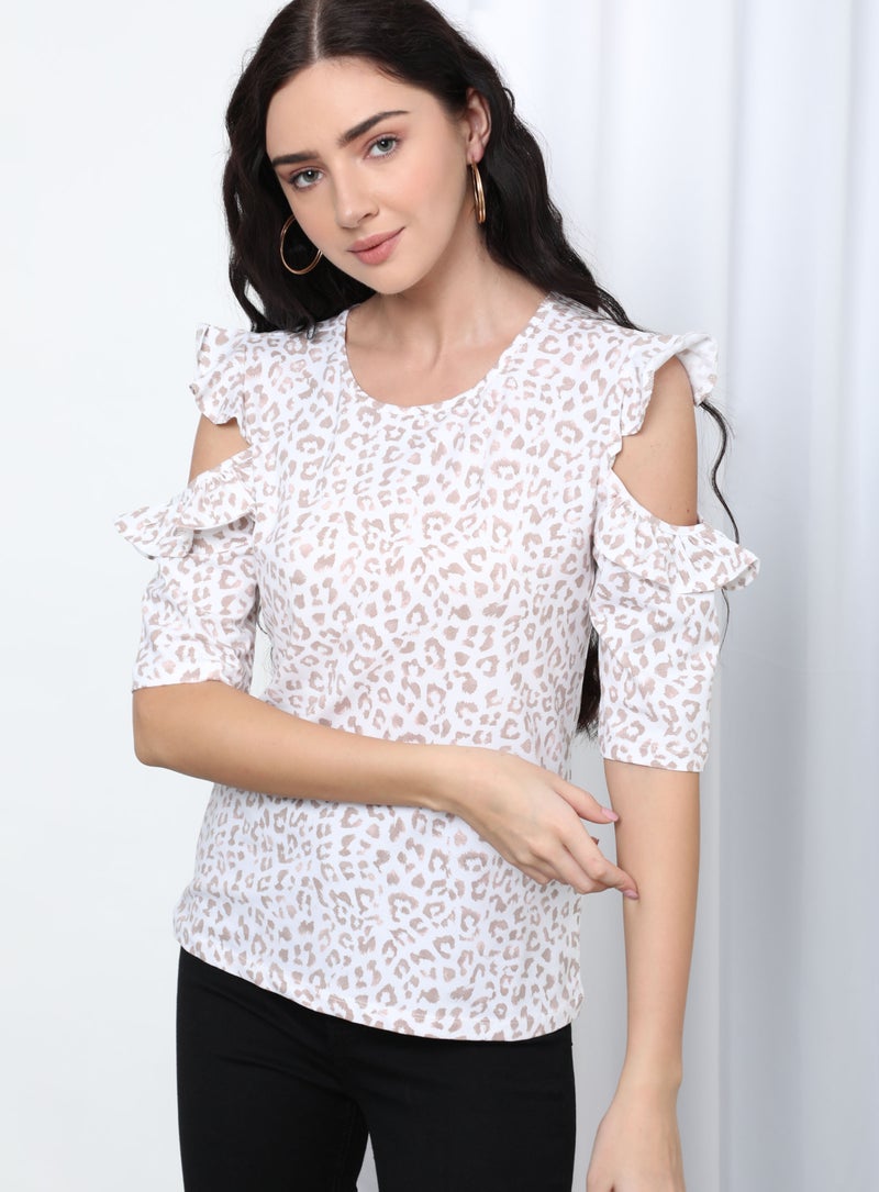 Aila Round Neck Cold Shoulder Printed Blouse Top White  - Image 1