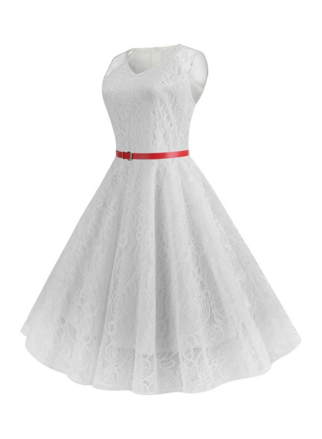 OUTAD Elegant Midi Dress White/Red - Image 3
