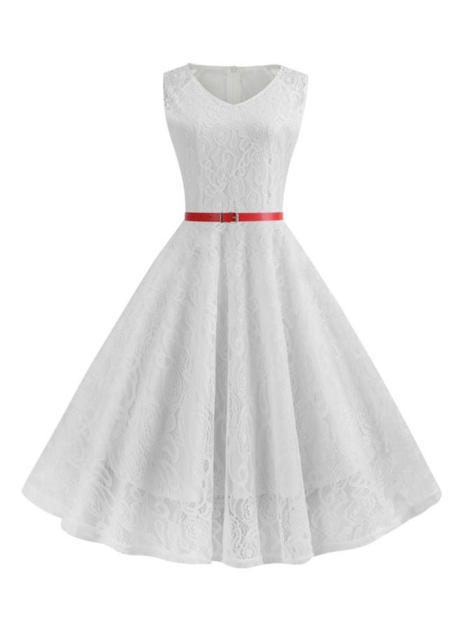OUTAD Elegant Midi Dress White/Red - Image 1