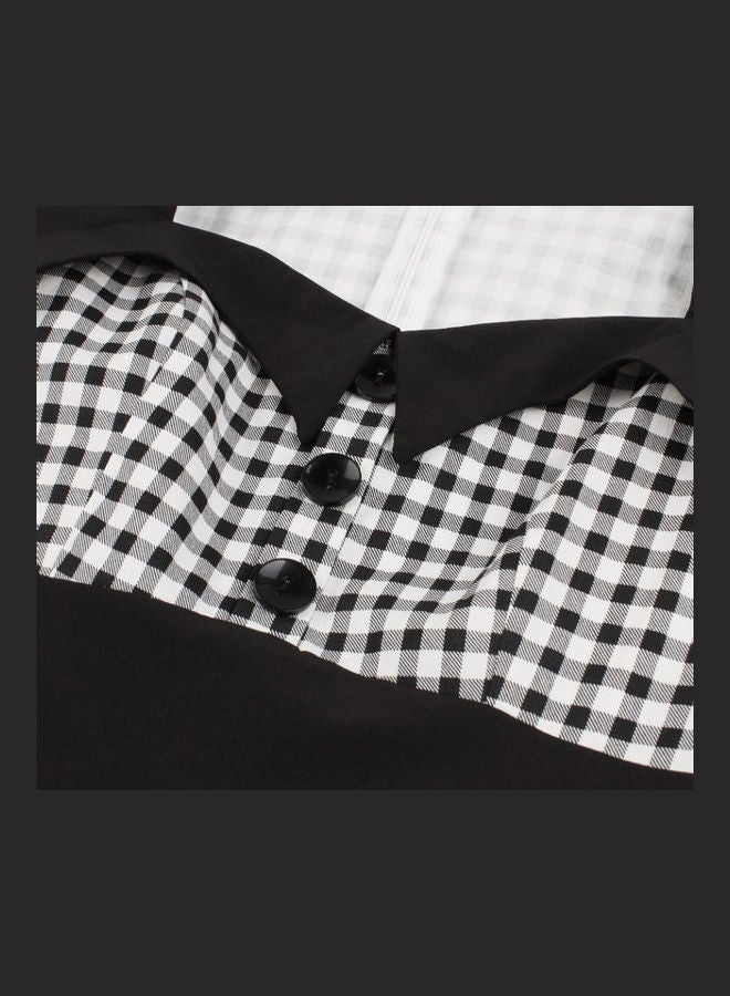 أوتاد فستان أنيق برقبة مربعة ونقشة مربعات أسود/ أبيض - Image 5