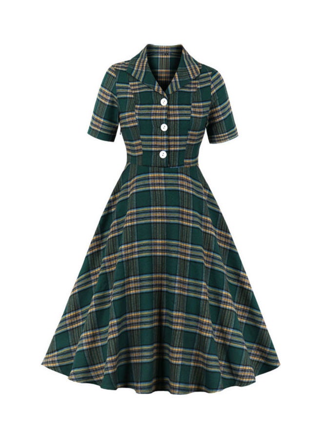 OUTAD Retro Elegant Midi Dress Green/Beige - Image 1