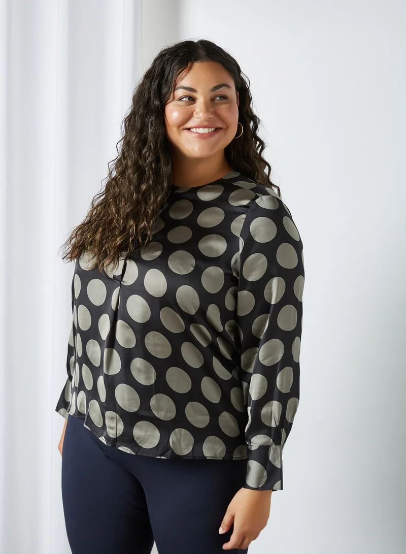 Violeta By Mango Plus Size Polka Dot Print Top Black