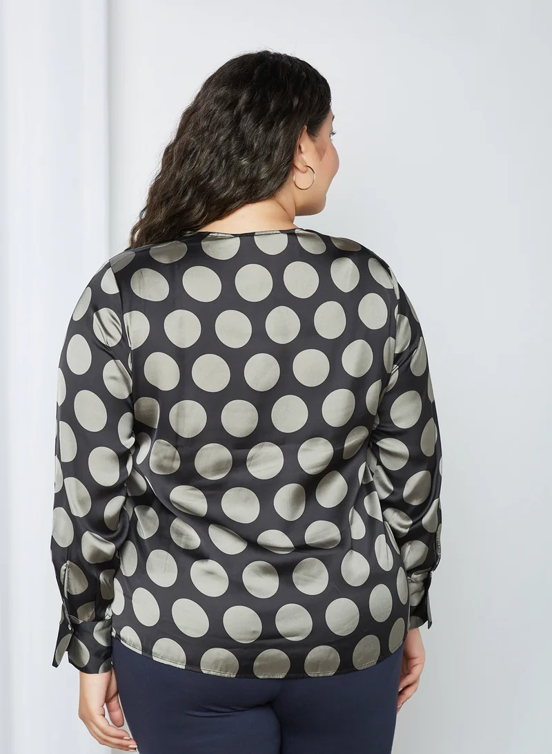 Violeta By Mango Plus Size Polka Dot Print Top Black