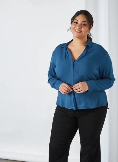 Violeta By Mango Plus Size Plain Top Dark Blue