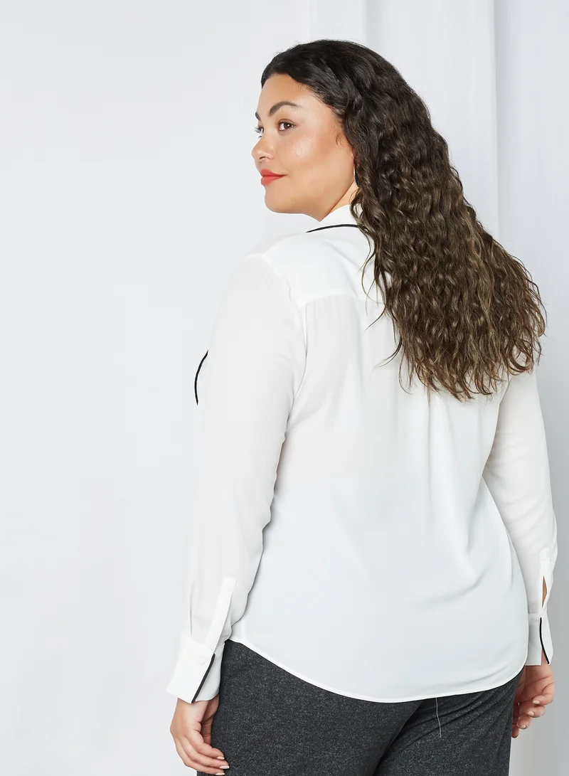 Violeta By Mango Plus Size Contrast Piping Top White