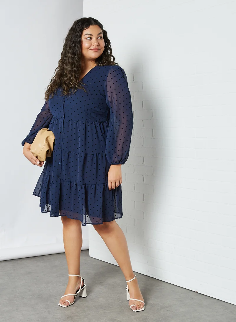 Violeta By Mango Plus Size All-Over Print Dress Navy