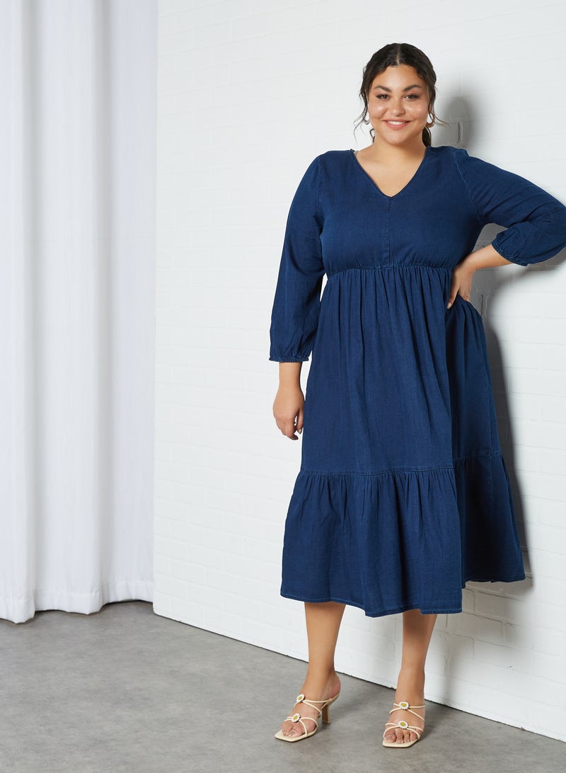 Violeta By Mango - Plus Size Tiered Denim Dress Dark Denim - Image 1