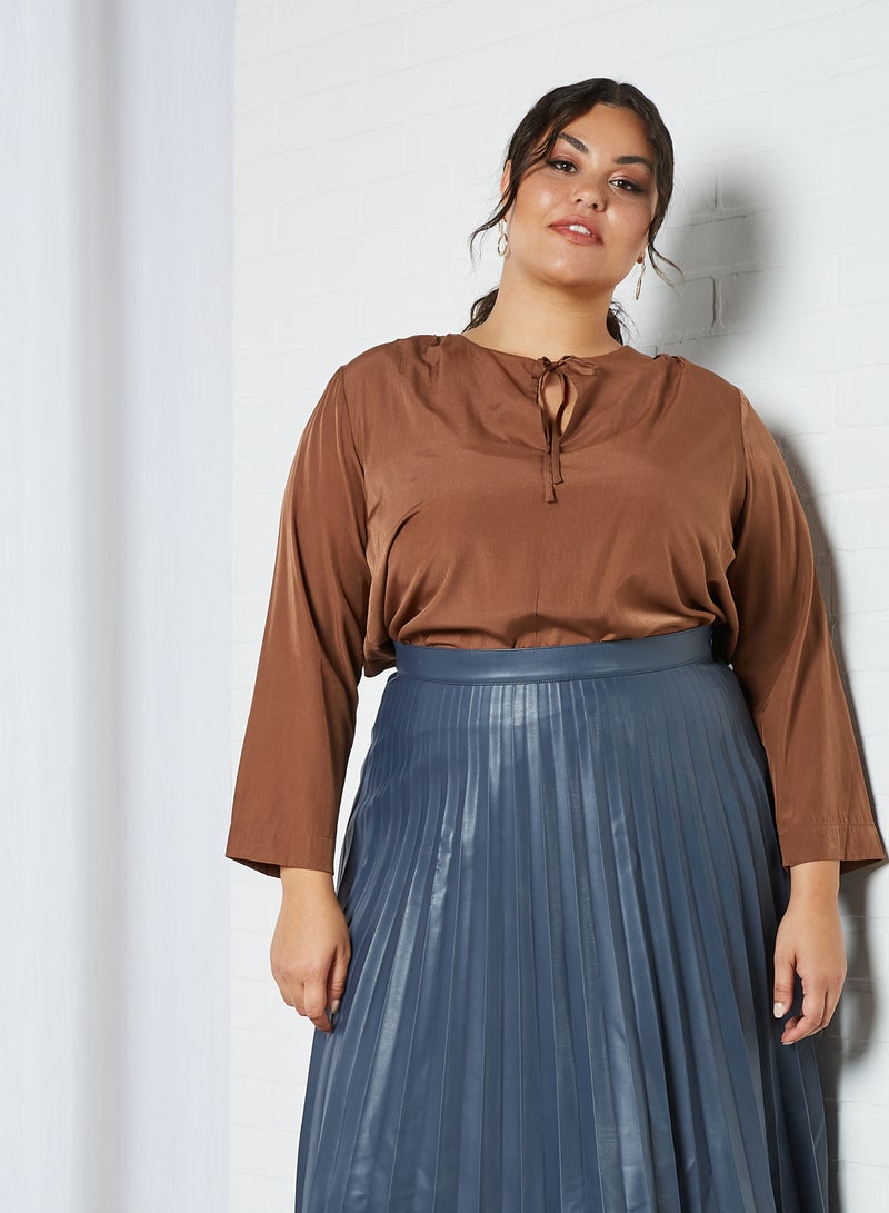 Violeta By Mango - Plus Size Tie-Up Neck Blouse Brown - Image 1