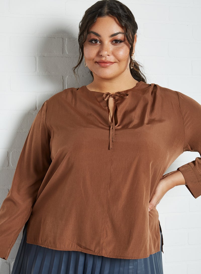 Violeta By Mango - Plus Size Tie-Up Neck Blouse Brown - Image 1