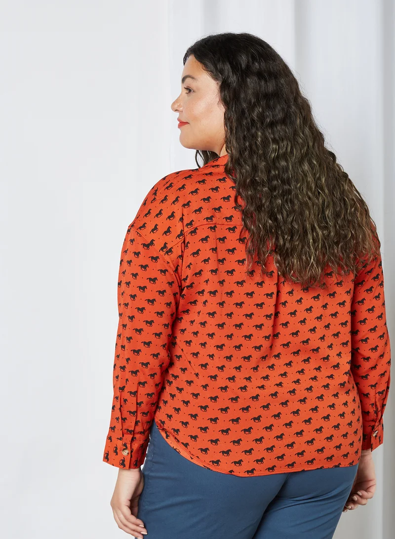 Violeta By Mango Plus Size All-Over Print Top Terracotta