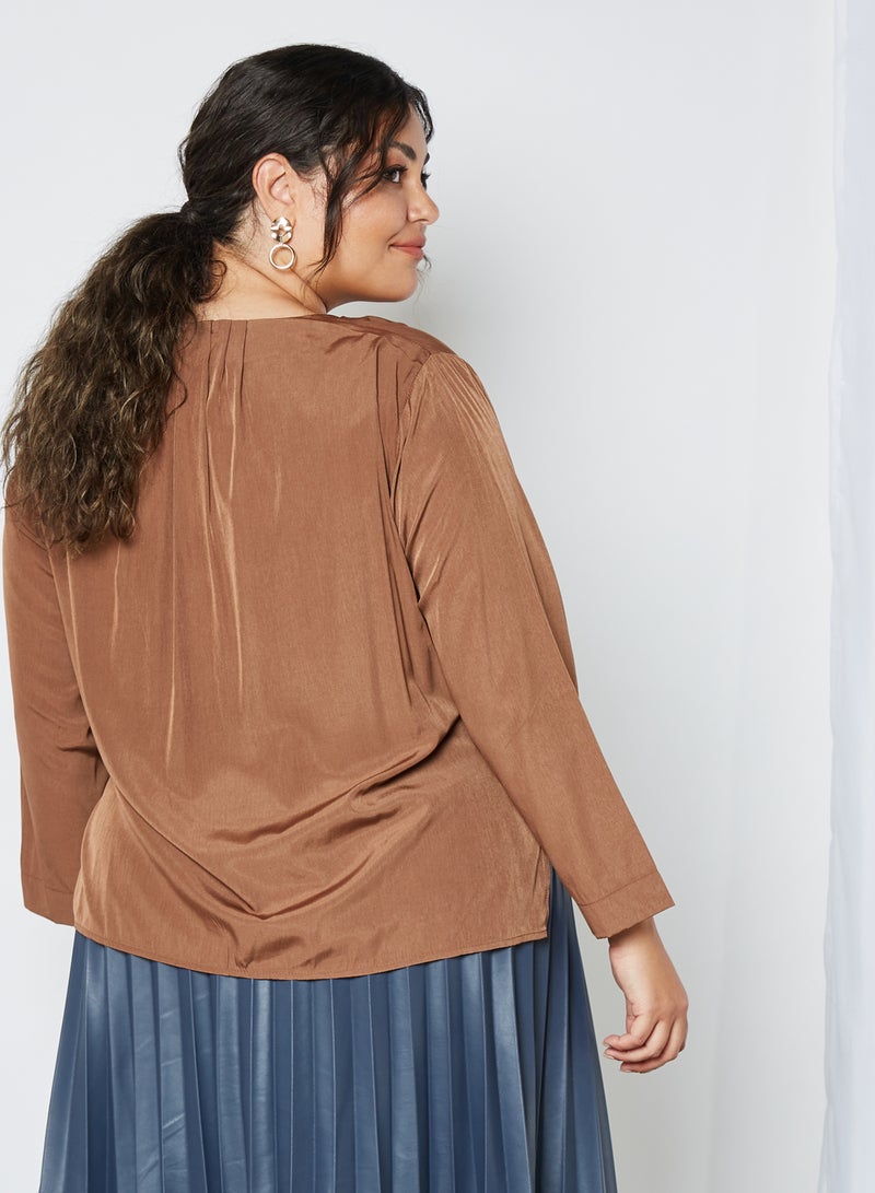Violeta By Mango - Plus Size Tie-Up Neck Blouse Brown - Image 1