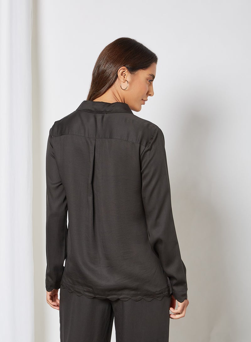 underprotection - Jane Scalloped Trim Pyjama Shirt Black - Image 1