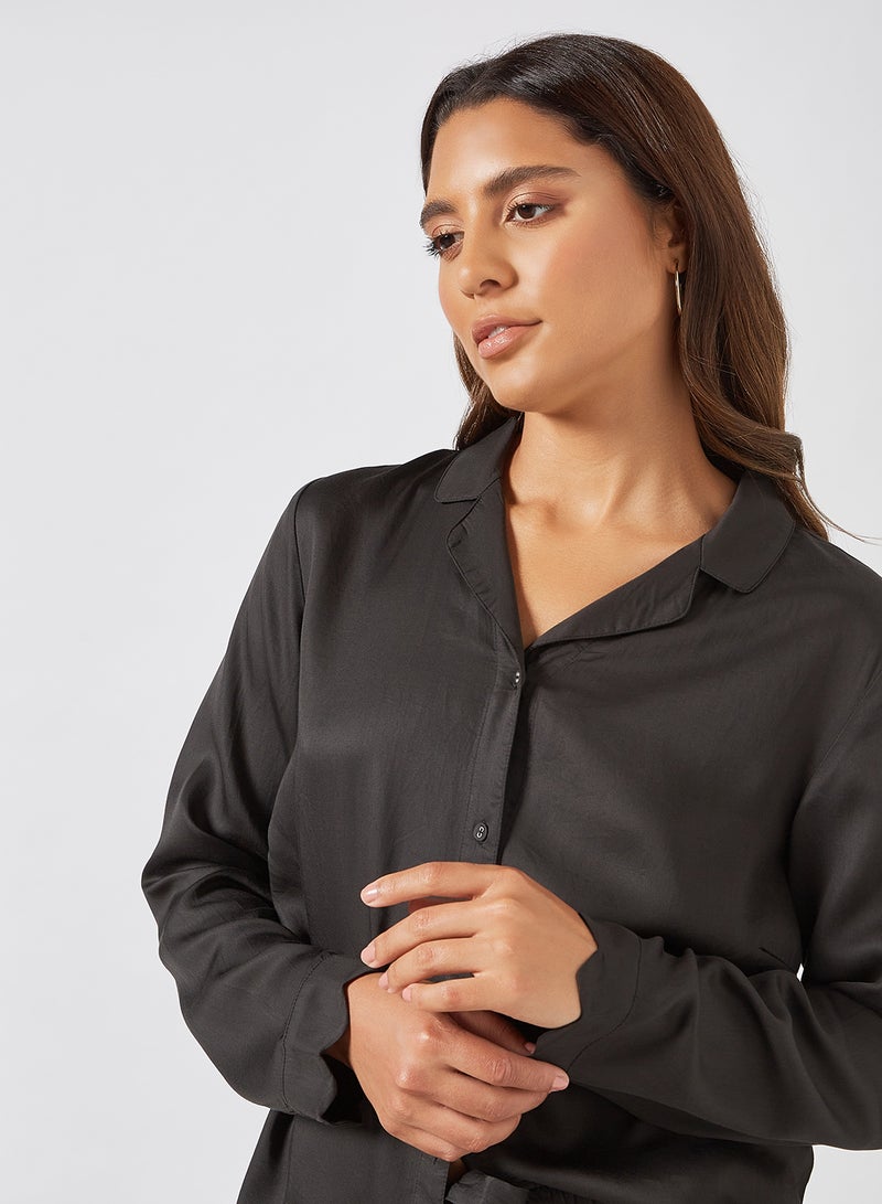 underprotection - Jane Scalloped Trim Pyjama Shirt Black - Image 1