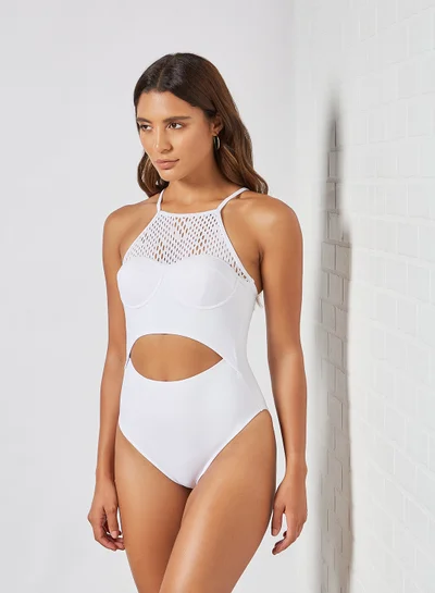 trendyol Mesh Panel Open Front Swimsuit White