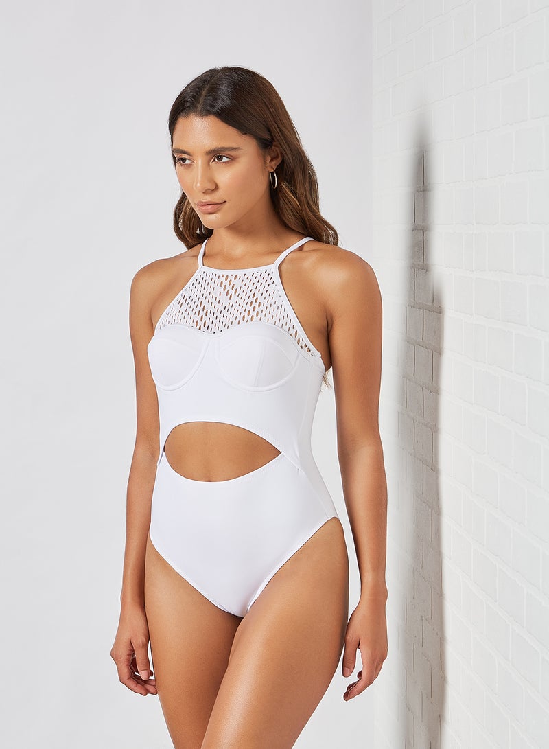 trendyol - Mesh Panel Open Front Swimsuit White - Image 1