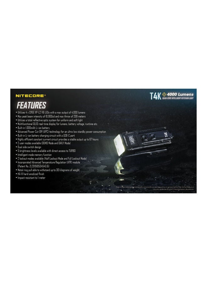 NITECORE - T4K Type-C Rechargeable Keychain XP-L2 Flashlight - 4000 Lumen with Eco-Sensa Type-C USB Charging Cable 3.24x1.15inch - Image 1