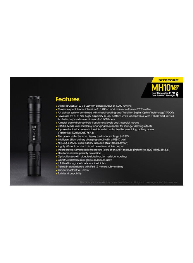 NITECORE - MH10 v2 1200 Lumen USB-C Rechargeable EDC Flashlight with Battery, Hard Holster and LumenTac Battery Case - Image 1