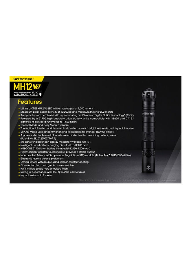 NITECORE - MH12 V2 CREE XP-L2 V6 LED Flashlight 1200 Lumens 21700 Battery (5000mah)  with  USB charging cable - Image 1