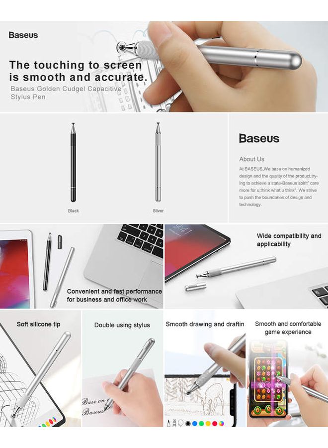 Baseus - Golden Cudgel Capacitive Stylus Comfortable with Smartphones, Tablets, Navigation, Touch Screen Computer Silver - Image 1