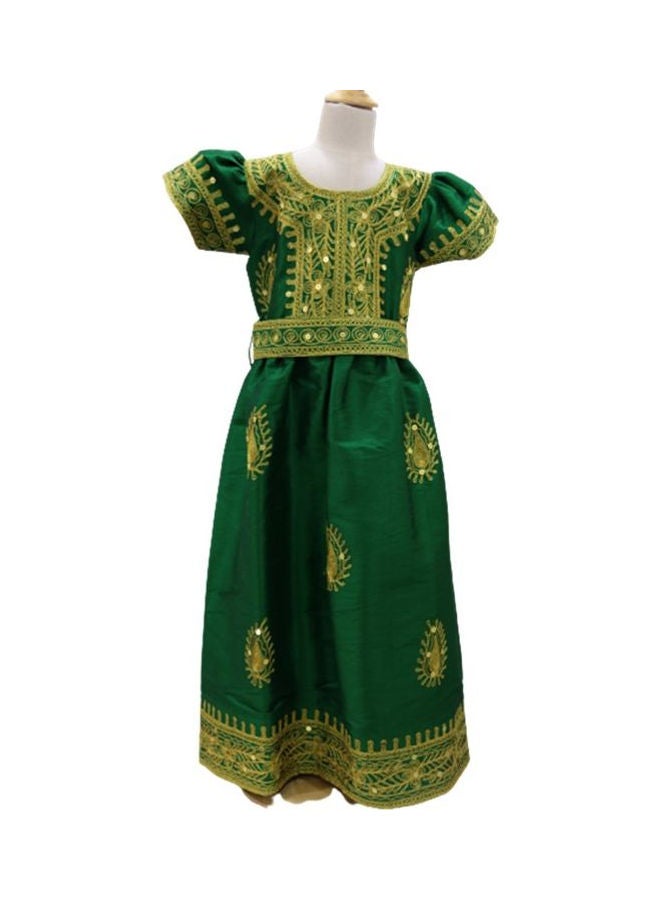 جلابية الدارزي طويلة مطرزة أخضر/أصفر - Image 3