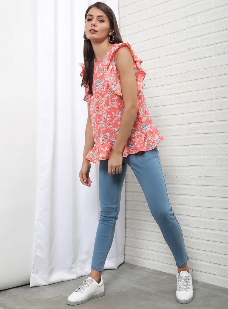 Aila Casual Frill Sleeve Printed Blouse Top Multicolour