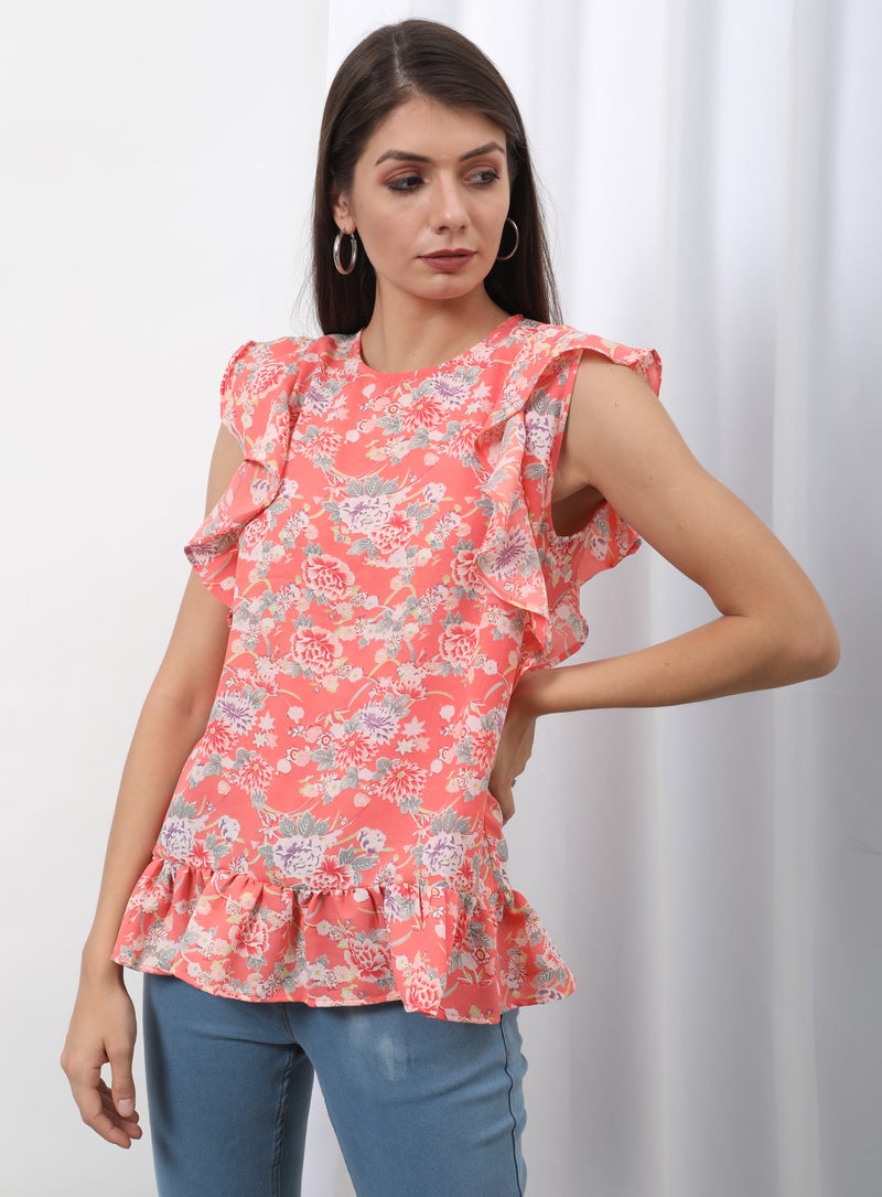 Aila Casual Frill Sleeve Printed Blouse Top Multicolour - Image 1