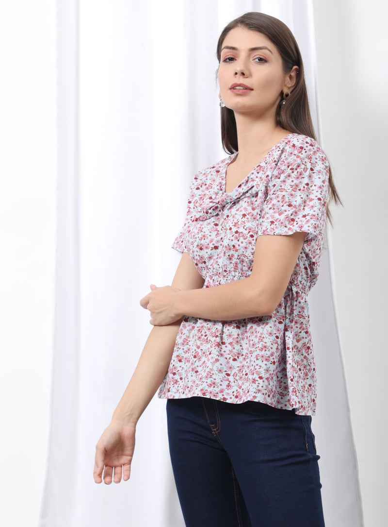 Aila Casual Short Sleeve Floral Blouse Top Grey Floral  - Image 1