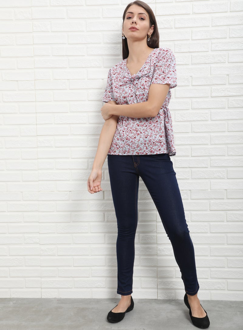 Aila Casual Short Sleeve Floral Blouse Top Grey Floral  - Image 2